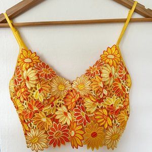Vintage French bustier top, yellow orange embroidered flowers, size S